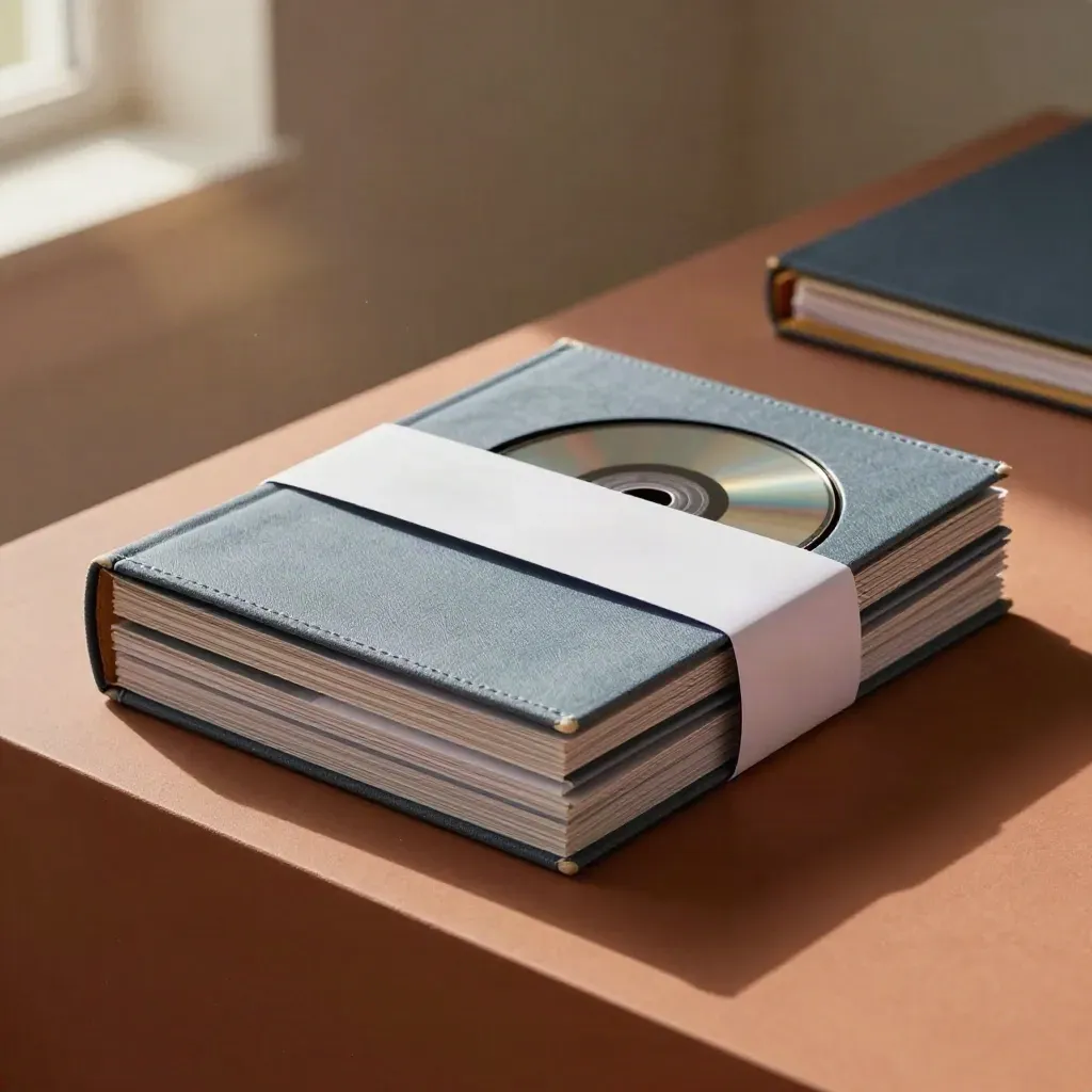 Blau-graues Interview-Archiv-Paket mit Zine, Disc und Indexblock auf terrakottafarbenem Plinth.